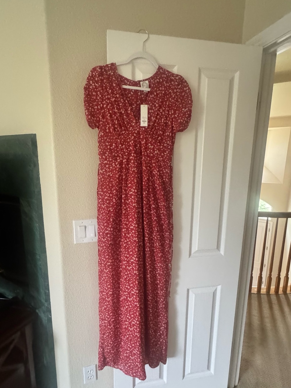 Red Floral Maxi Dress for youth girls - Elastic Waist & Puff Sleeves